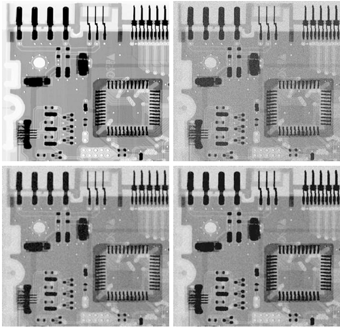 (a) X-ray image. (b) Image corrupted by additive Gaussian noise.(c) Result of filtering with an arithmetic mean filter of size 3 3.(d) Result of filtering with a geometric mean filter of the same size. (Original image courtesy of Mr. Joseph E. Pascente,Lixi, Inc.)